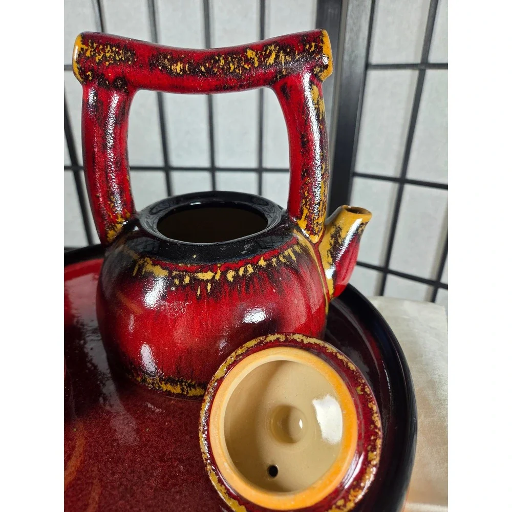 Pier 1 Shanghai Tea Set Red Black Reactive Glaze Earthenware 5 Piece Set